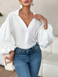Women French polka dot half-open neckline puff long-sleeved top