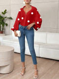 Women French polka dot half-open neckline puff long-sleeved top