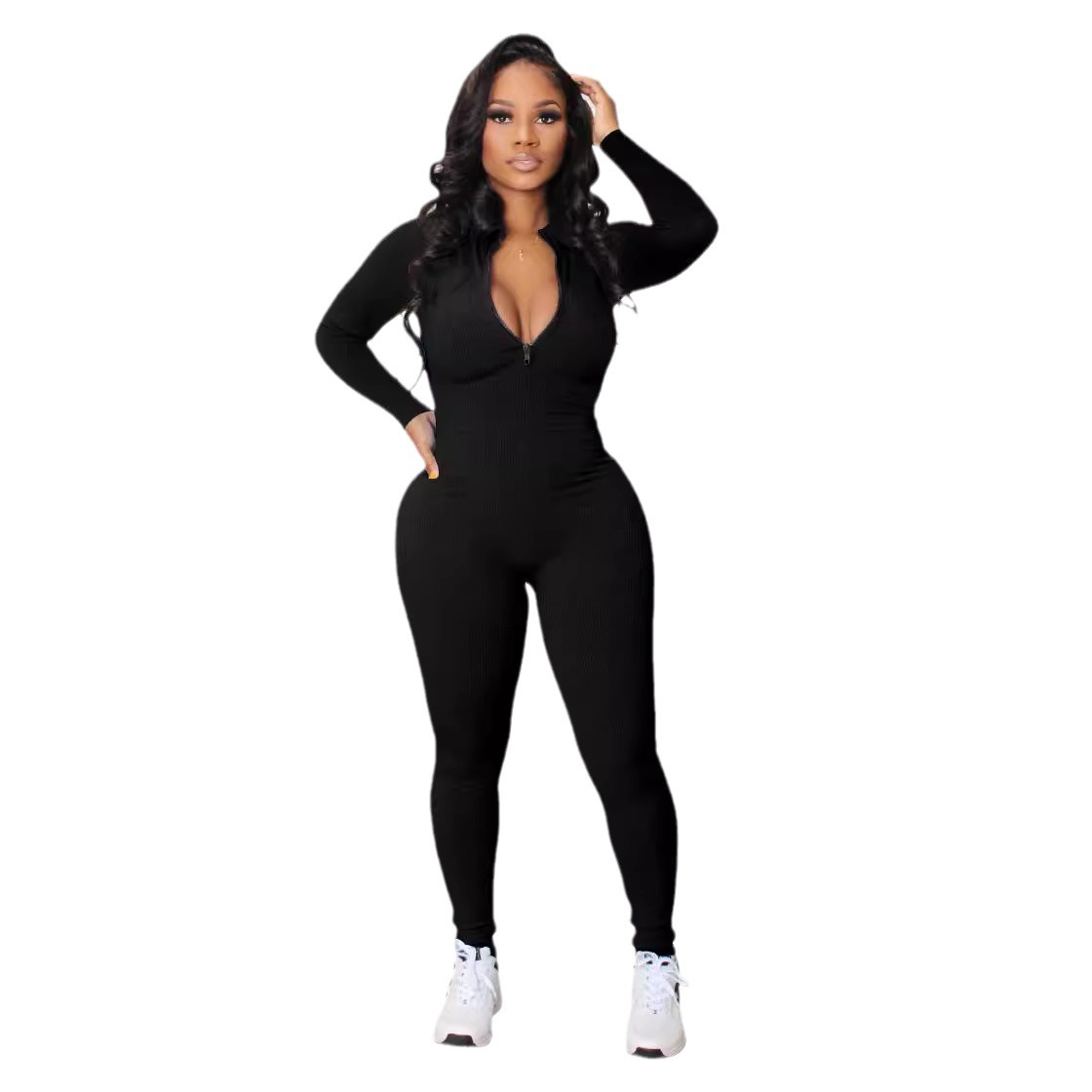 Ribbed Zipper Jumpsuit for Spring & Autumn Activewear