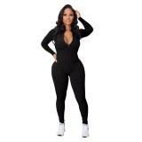 Women Spring and Autumn Ribbed Zipper Jumpsuit