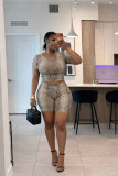 Women Snake Print Round Neck Short-Sleeve Top and Shorts Two-Piece Set
