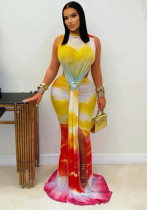 Women Sexy Sleeveless Gradient Lace-Up Bodycon Maxi Dress
