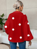 Women French polka dot half-open neckline puff long-sleeved top