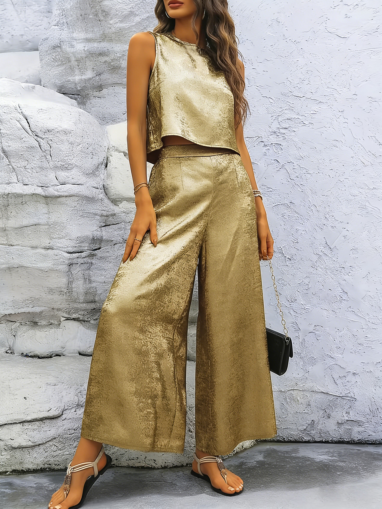 Zipper Sleeveless Top & Bell Bottom Pants Casual Two-Piece Set