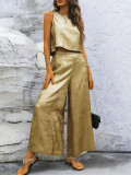 Women Spring/Summer Zipper Sleeveless Top and Bell Bottom Pant Casual Two-Piece Set