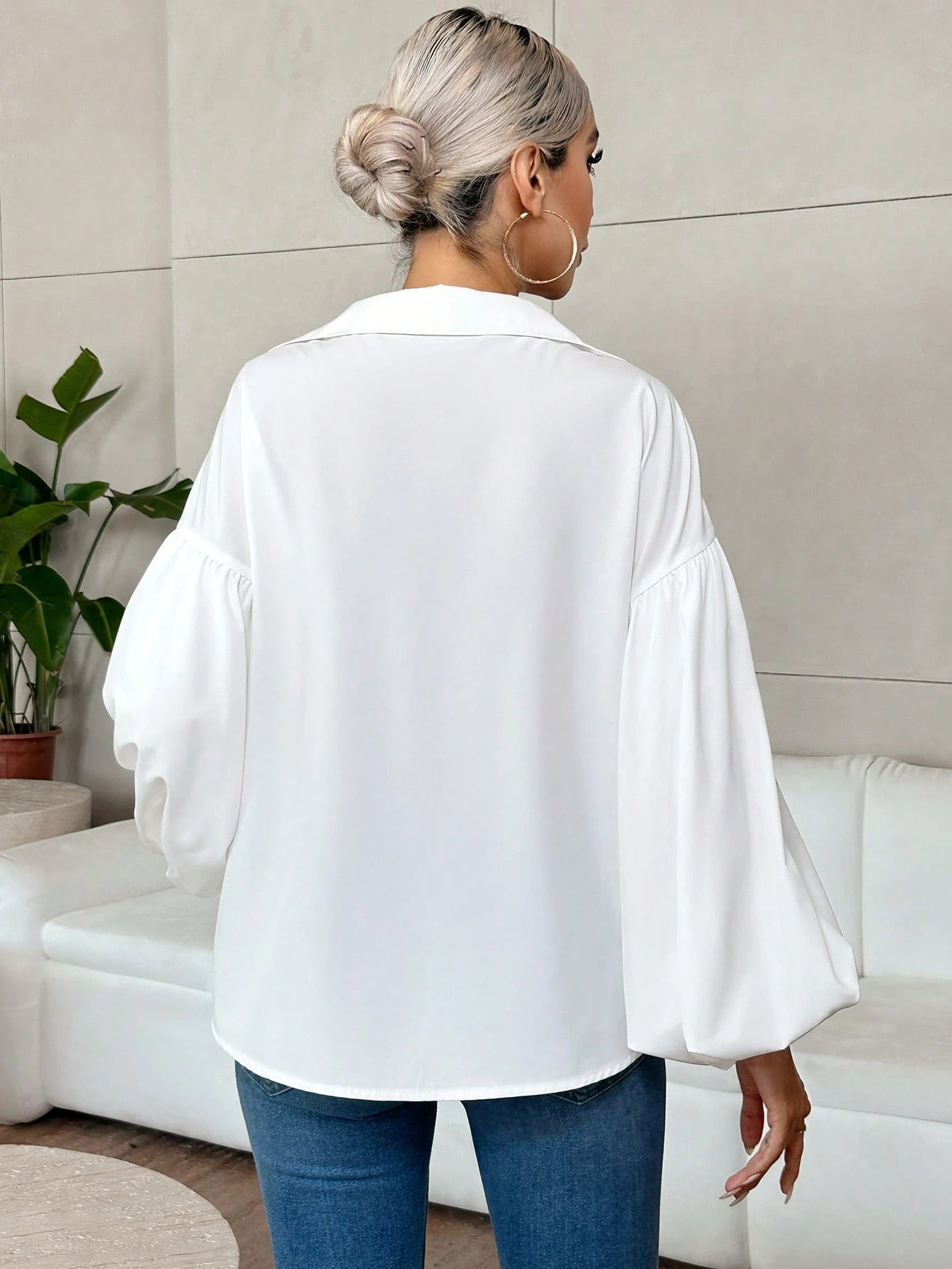 French Polka Dot Half-Open Neckline Puff Long-Sleeve Top