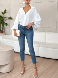 Women French polka dot half-open neckline puff long-sleeved top
