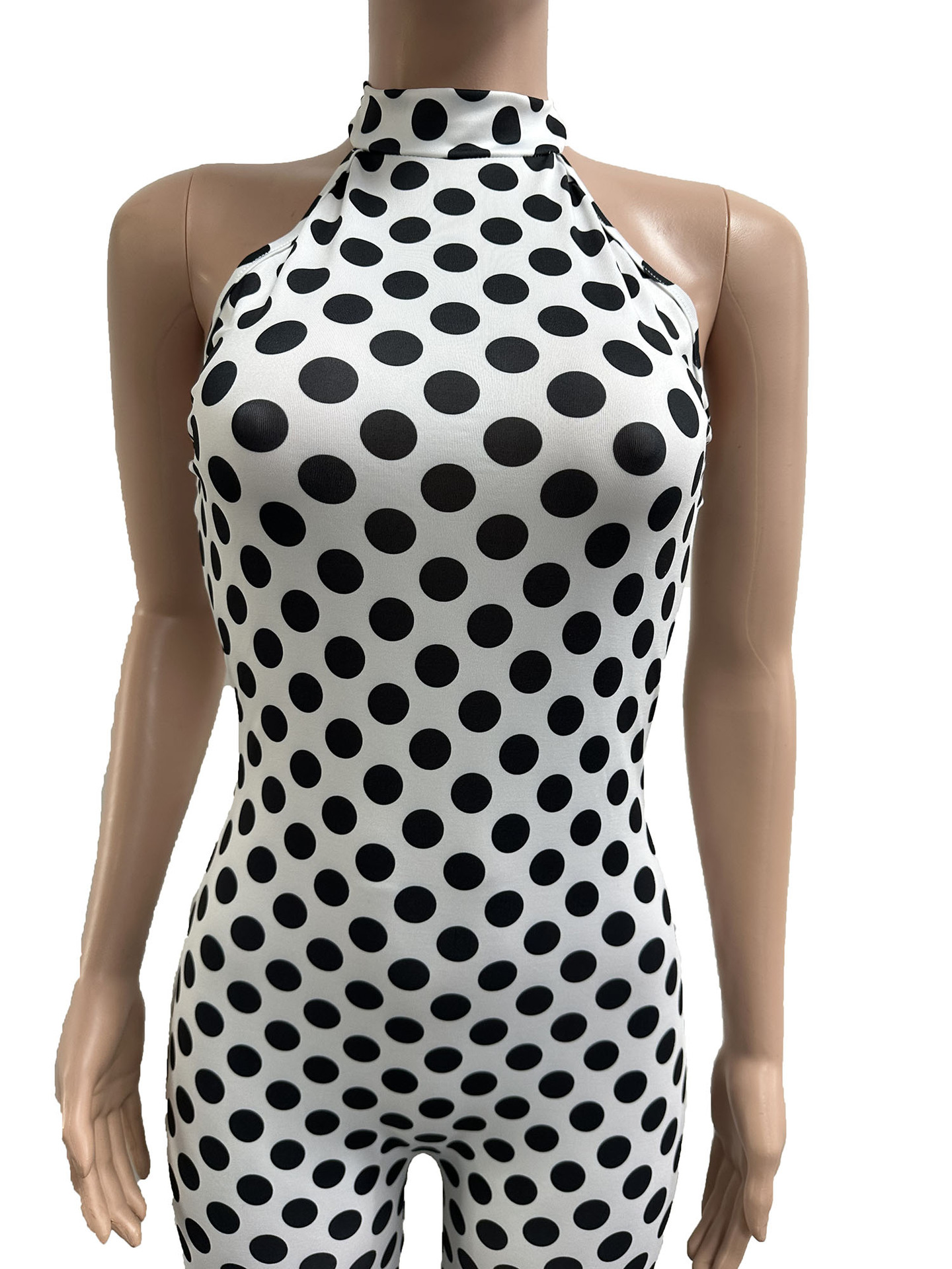 Polka Dot Stretchy Halter Backless Jumpsuit for Spring/Summer