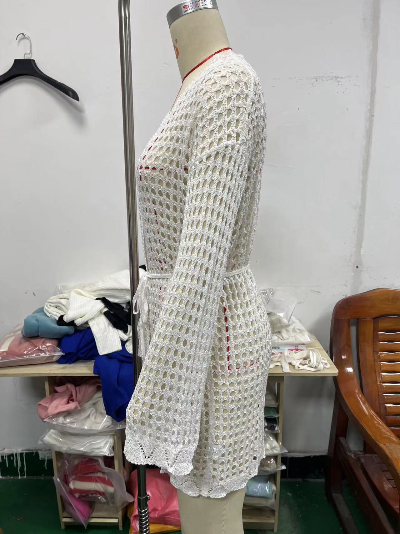 Belted Bell Bottom Sleeve Hollow-Out Knit Cover-Up Dress