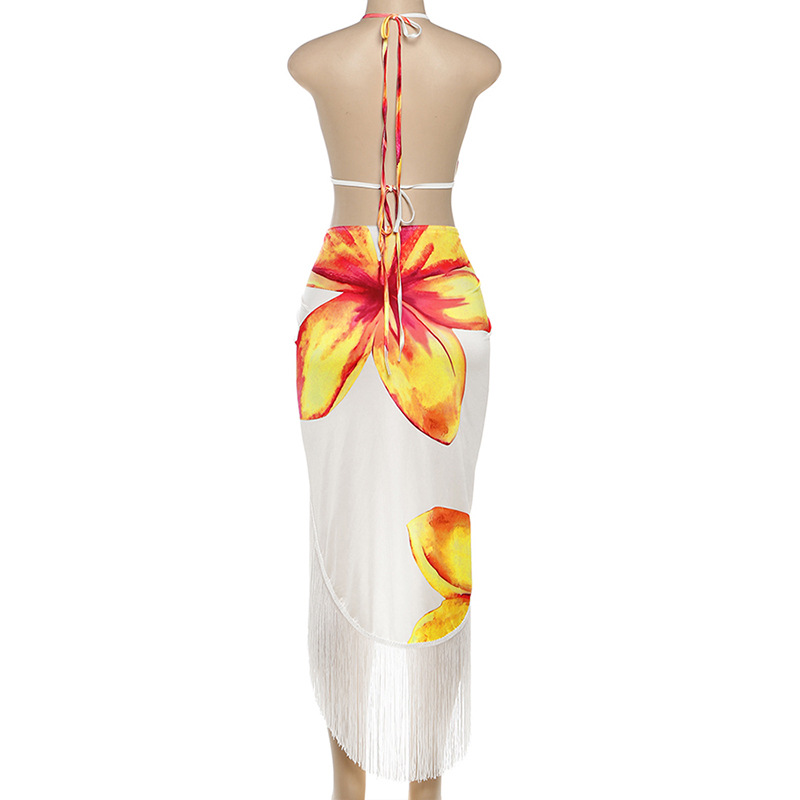 Printed Halter Backless V-Neck Top & Fringe Skirt Set
