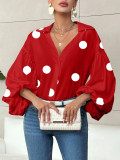 Women French polka dot half-open neckline puff long-sleeved top