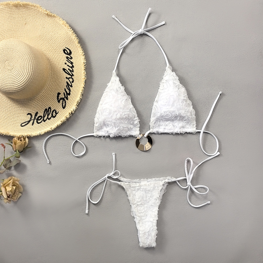 White Floral Tie-Up Ring Two-Piece Bikini Swimsuit Set
