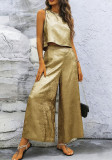 Women Spring/Summer Zipper Sleeveless Top and Bell Bottom Pant Casual Two-Piece Set