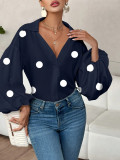 Women French polka dot half-open neckline puff long-sleeved top