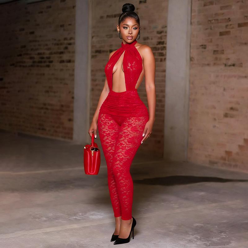 See-Through Backless Hollow-Out Lace Jumpsuit for Club Wear