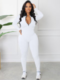 Women Spring and Autumn Ribbed Zipper Jumpsuit
