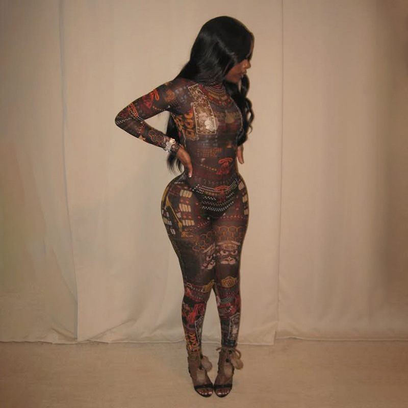 Mesh See-Through Printed Jumpsuit for Spring Evening Wear