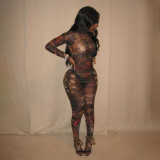 Women Spring Sexy Mesh See-Through Printed Jumpsuit