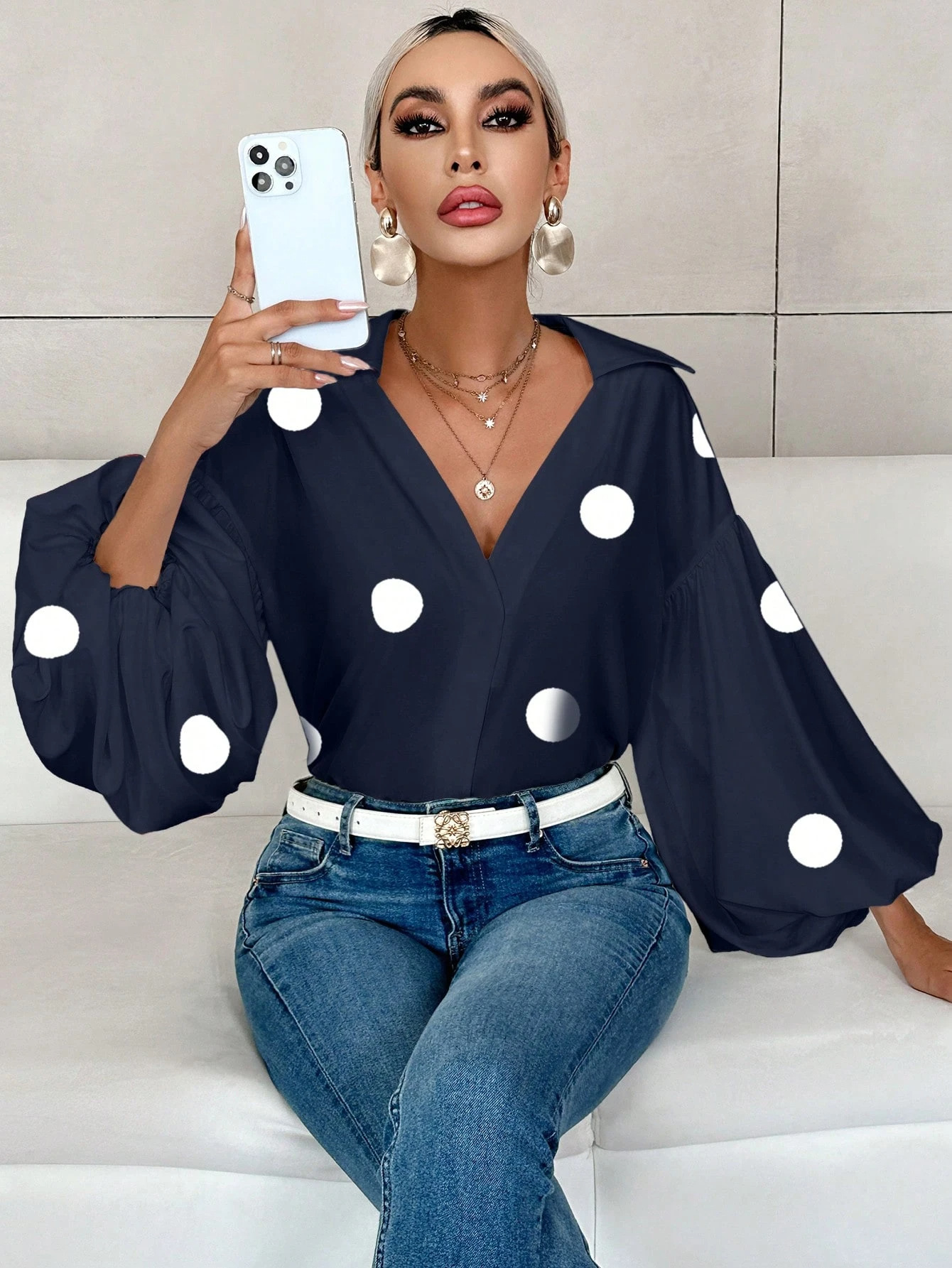 French Polka Dot Half-Open Neckline Puff Long-Sleeve Top