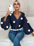 Women French polka dot half-open neckline puff long-sleeved top