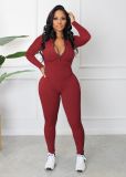 Women Spring and Autumn Ribbed Zipper Jumpsuit