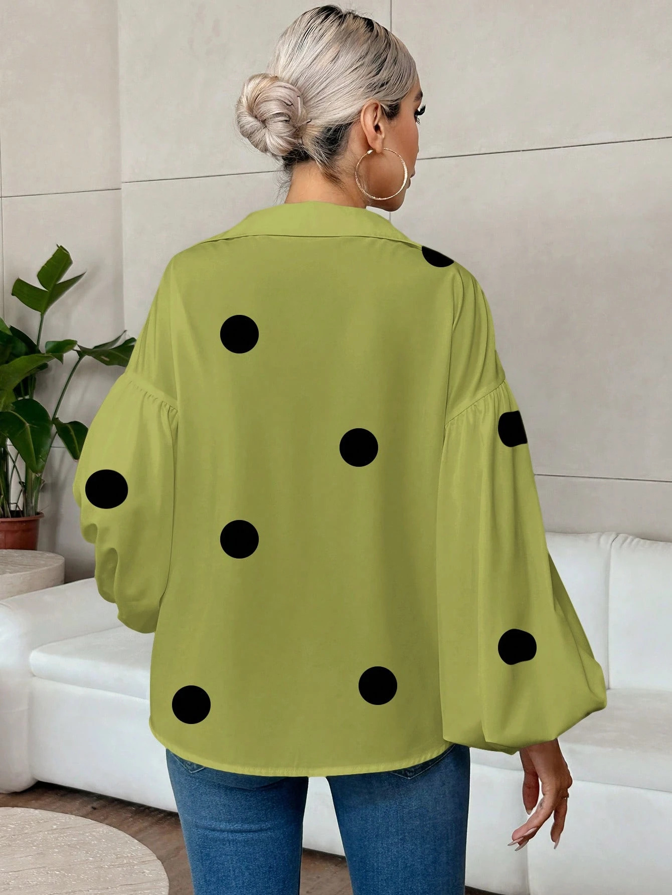 French Polka Dot Half-Open Neckline Puff Long-Sleeve Top