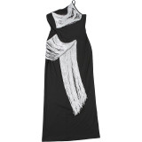 Women summer elegant slash shoulder tassel patchwork dress