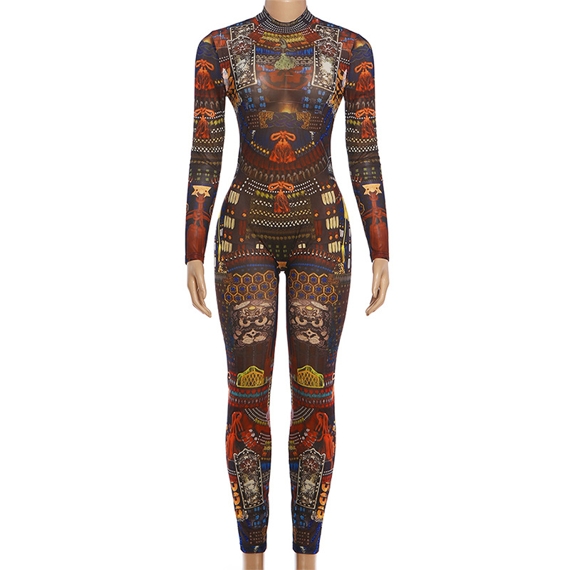 Mesh See-Through Printed Jumpsuit for Spring Evening Wear