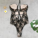 Women Strapless Halter Neck Lace-Up Hollow-Out Lace One-Piece swimwear
