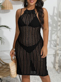 Plus Size Women Sexy Hollow-Out Patchwork Backless Lace-Up Dress