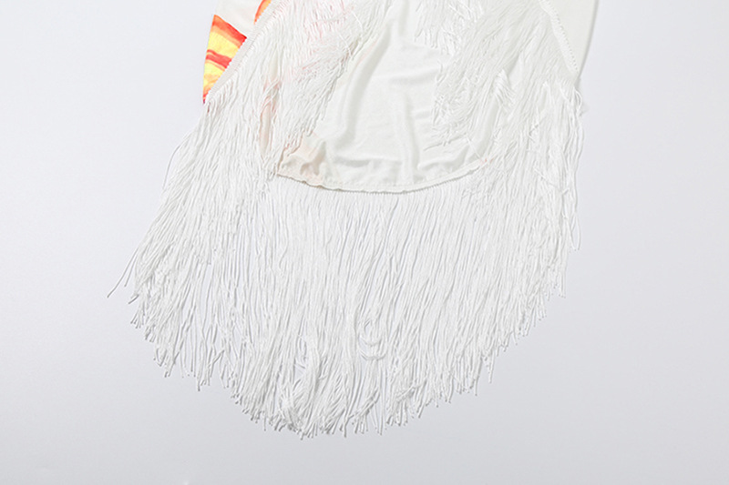 Printed Halter Backless V-Neck Top & Fringe Skirt Set