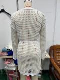 Women beach belt bell bottom sleeve hollowed-out cover-up knitting dress