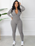 Women Spring and Autumn Ribbed Zipper Jumpsuit