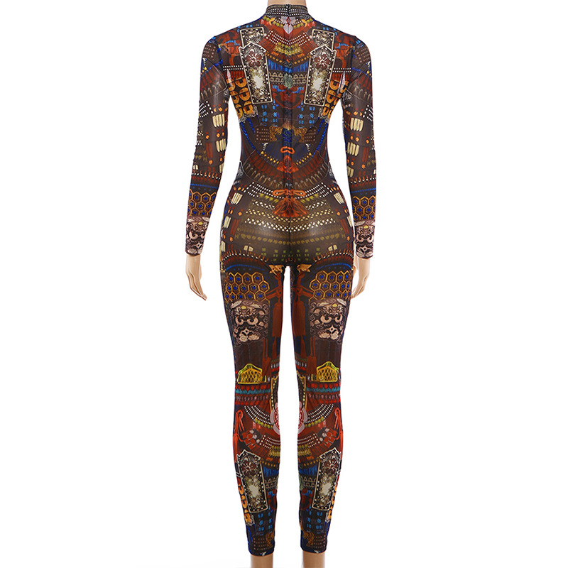 Mesh See-Through Printed Jumpsuit for Spring Evening Wear