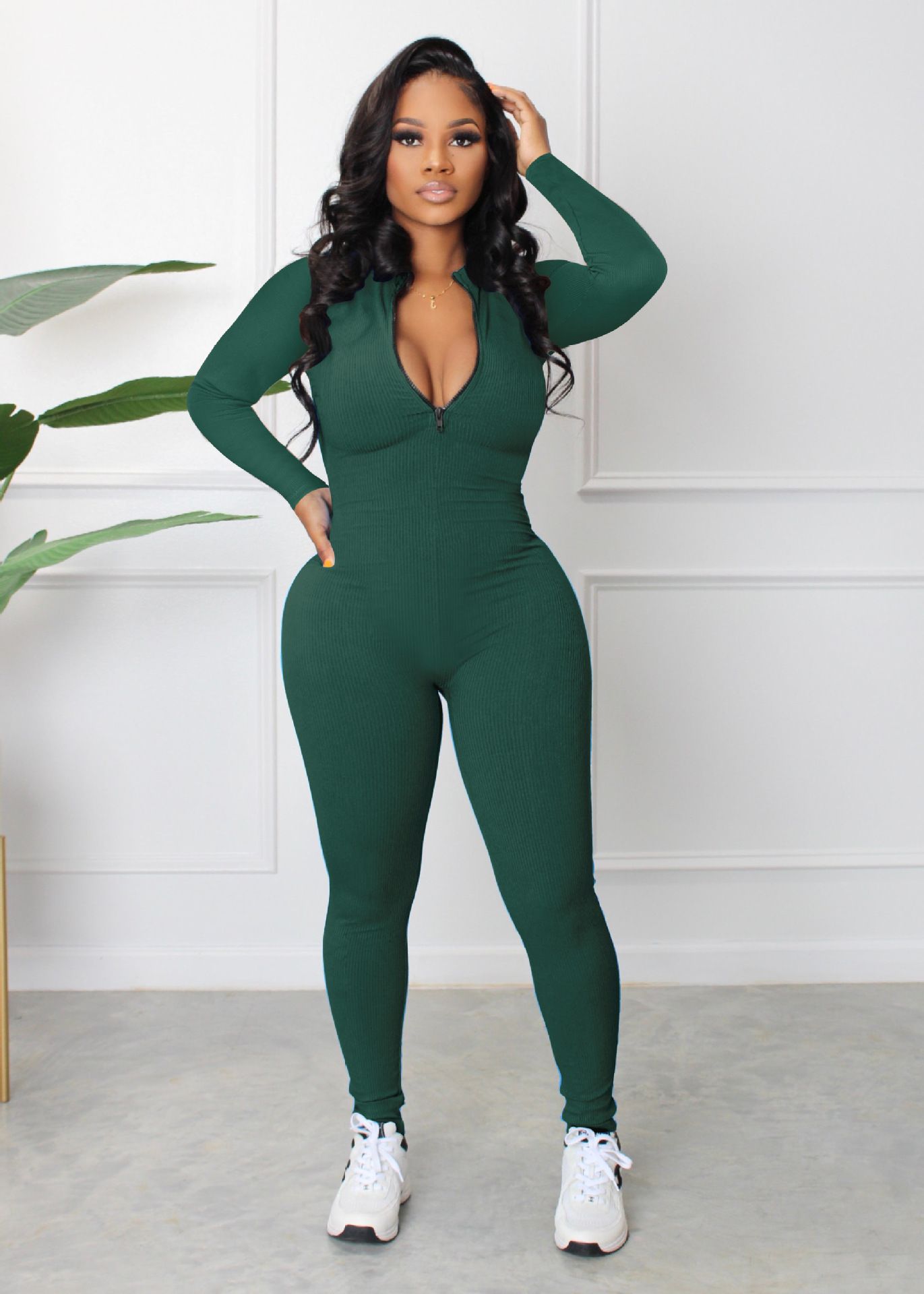 Ribbed Zipper Jumpsuit for Spring & Autumn Activewear