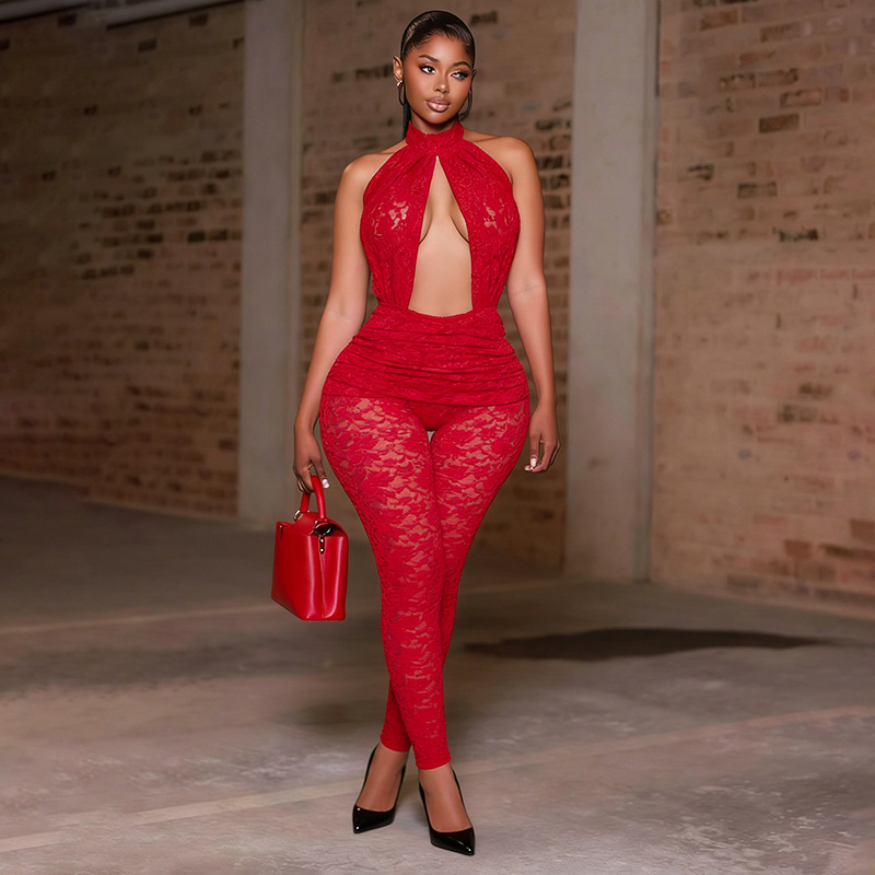 See-Through Backless Hollow-Out Lace Jumpsuit for Club Wear