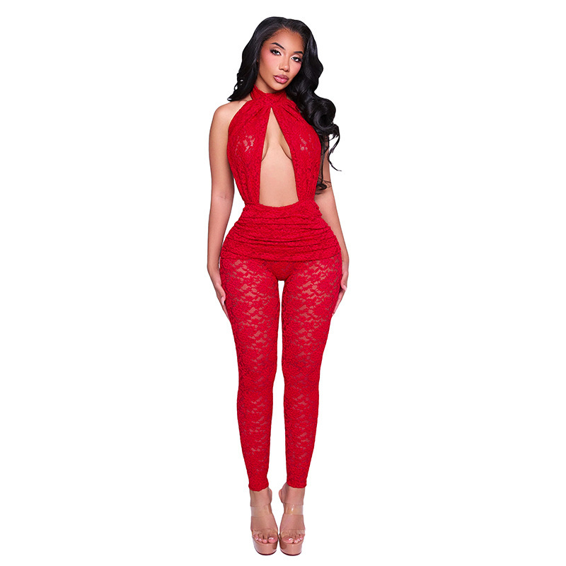 See-Through Backless Hollow-Out Lace Jumpsuit for Club Wear