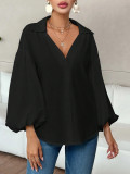Women French polka dot half-open neckline puff long-sleeved top