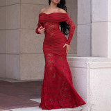 Women Sexy Off-Shoulder Long-Sleeve Lace Bodycon Dress