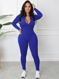 Women Spring and Autumn Ribbed Zipper Jumpsuit