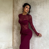Women Sexy and Elegant Long-Sleeved Patchwork Lace See-Through Dress