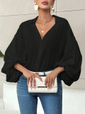Women French polka dot half-open neckline puff long-sleeved top