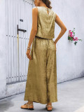 Women Spring/Summer Zipper Sleeveless Top and Bell Bottom Pant Casual Two-Piece Set