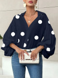 Women French polka dot half-open neckline puff long-sleeved top