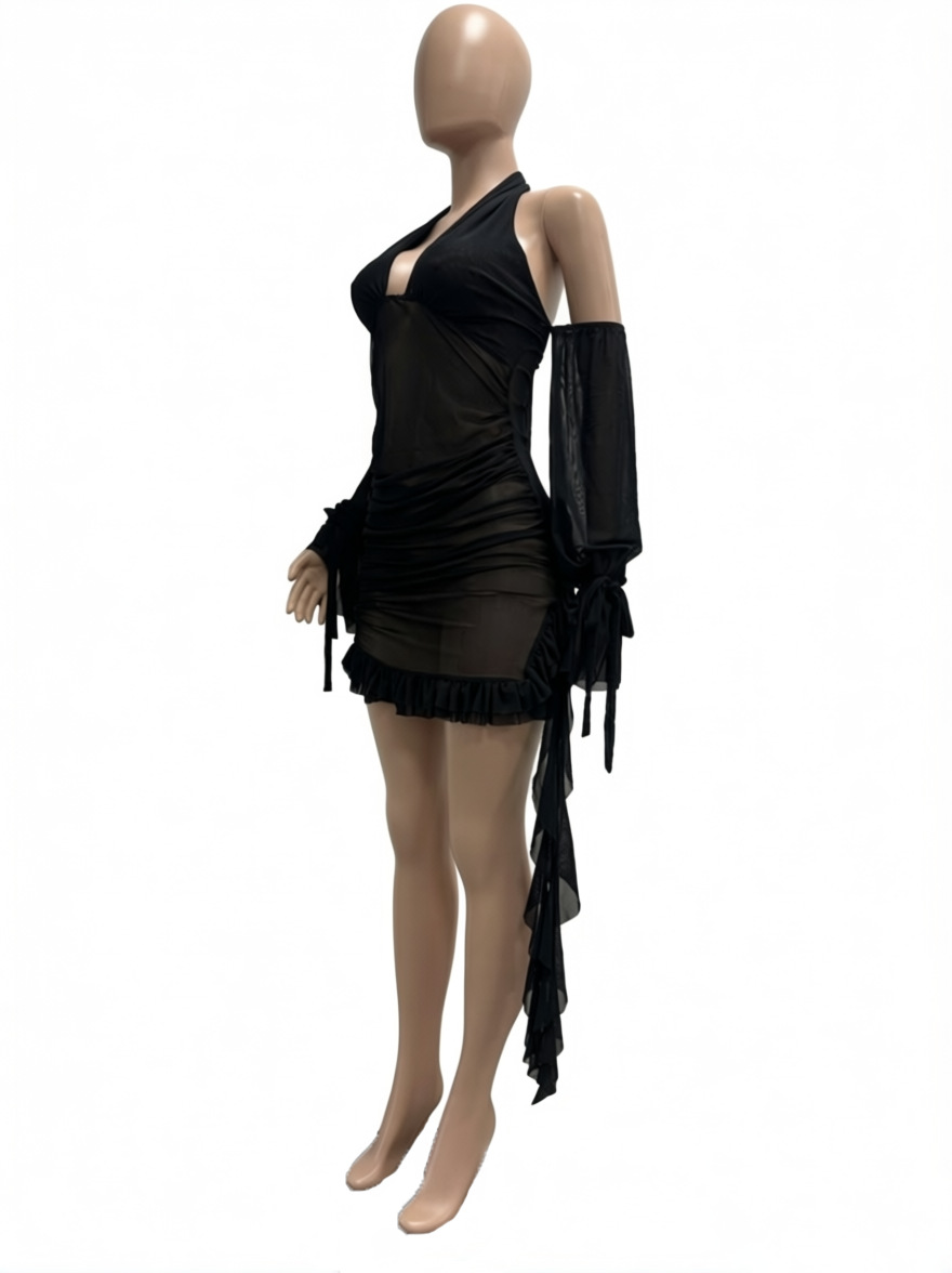 Mesh See-Through Halter Backless Lace-Up Pleated Dress