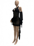 Women Spring/Summer Sexy Mesh See-Through Halter Neck Backless Lace-Up Pleated Dress