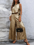 Women Spring/Summer Zipper Sleeveless Top and Bell Bottom Pant Casual Two-Piece Set