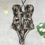 Women Strapless Halter Neck Lace-Up Hollow-Out Lace One-Piece swimwear