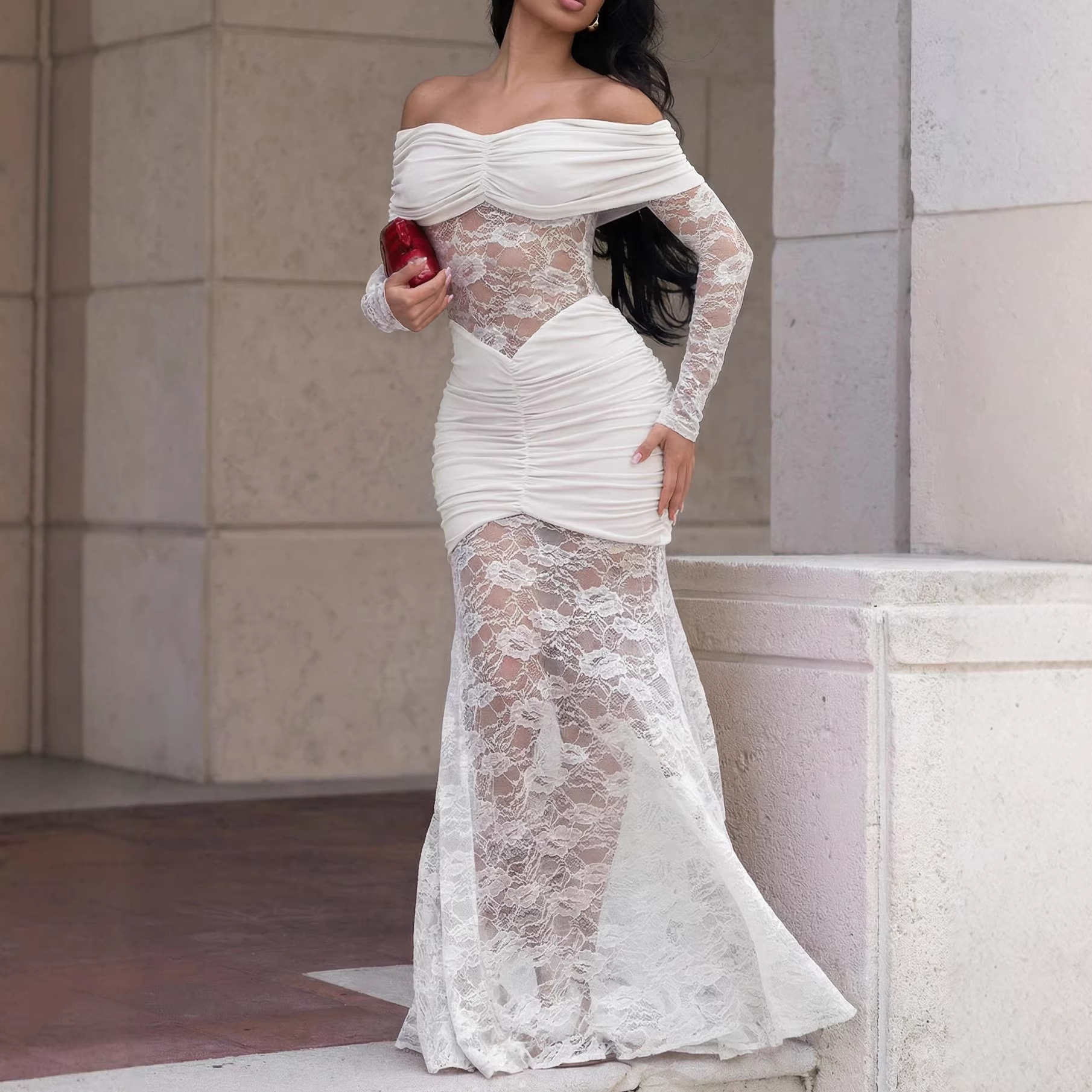 Off-Shoulder Long-Sleeve Lace Bodycon Dress for Evening Events