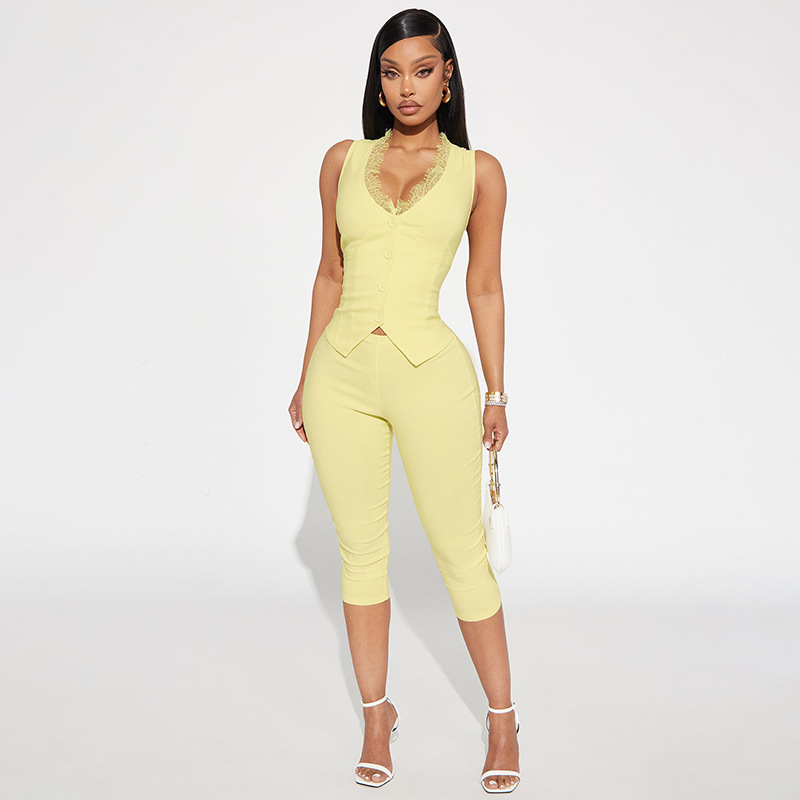 U-Neck Lace Button Front Slit Sleeveless Jumpsuit
